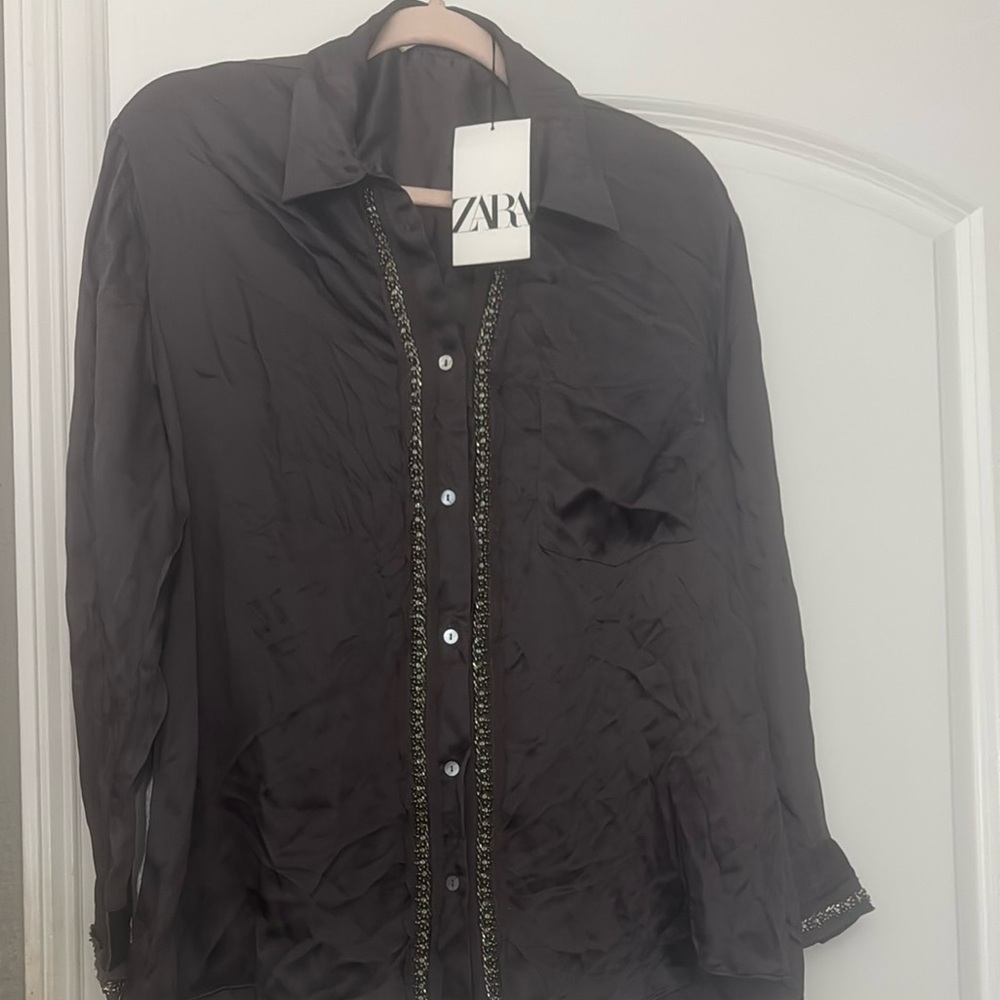 Zara charcoal Button-Up Blouse with Embellished Trim